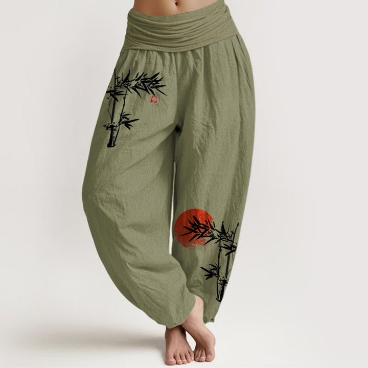 Buddha Stones Bambusblätter Rotes Sonnenmuster Damen Haremshose aus reiner Baumwolle mit elastischer Taille - Olivgrün - US22， UK/AU26，EU54 (6XL) - image 0