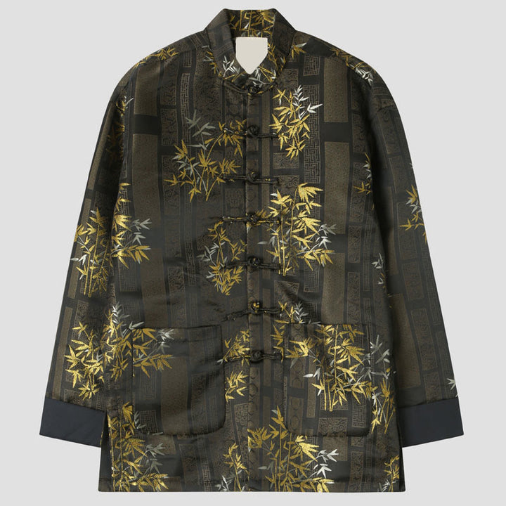 Buddha Stones Golden Bamboo Jacquard Frog-Button Langarm Herrenjacke mit Taschen - Bräunen - US/ UK/AU44，EU54 (4XL) - image 0