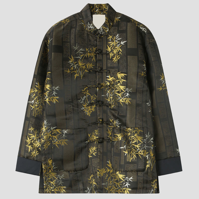 Buddha Stones Golden Bamboo Jacquard Frog-Button Langarm Herrenjacke mit Taschen - Bräunen - US/ UK/AU44, EU54 (4XL) - image 0