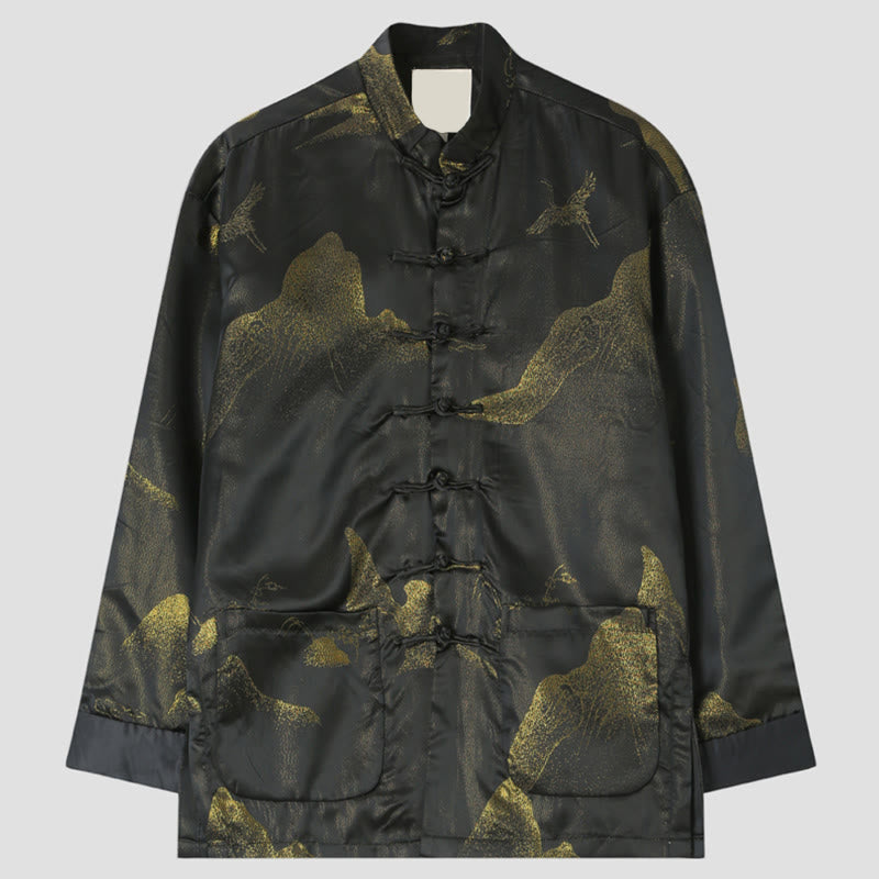 Buddha Stones Cloud-Dyed Golden Mountain Crane Frog-Button Langarm-Herrenjacke mit Taschen - Schwarz - US/ UK/AU44，EU54 (4XL) - image 0