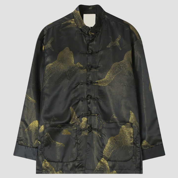 Buddha Stones Cloud-Dyed Golden Mountain Crane Frog-Button Langarm-Herrenjacke mit Taschen - Schwarz - US/ UK/AU44，EU54 (4XL) - image 0
