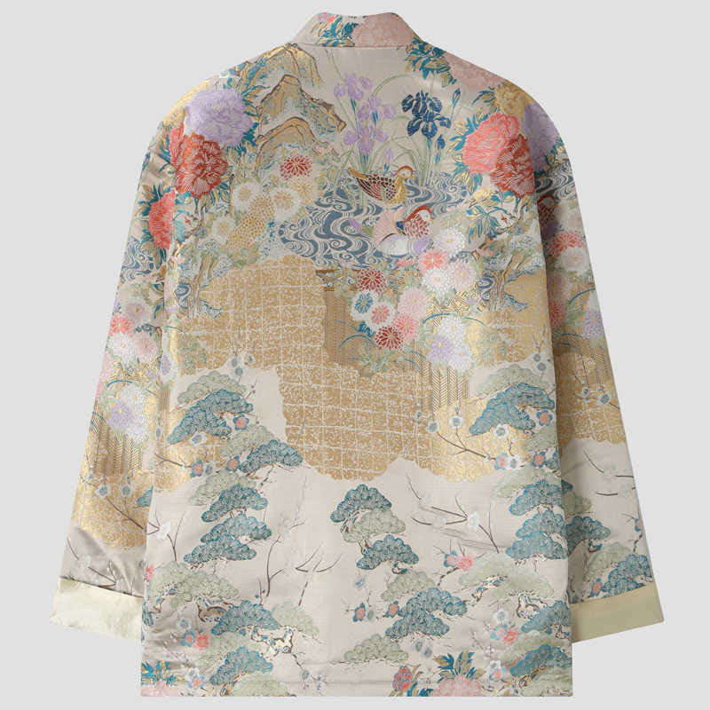 Buddha Stones Mandarin Duck Pfingstrose Blume Frosch-Knopf Langarm Herrenjacke mit Taschen - image 1