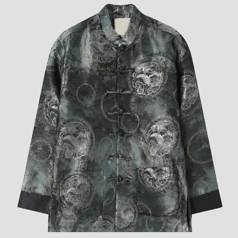 Buddha Stones Kirin Mountains Frog-Button Langarm Herrenjacke mit Taschen - Grau - US/ UK/AU44，EU54 (4XL) - image 0