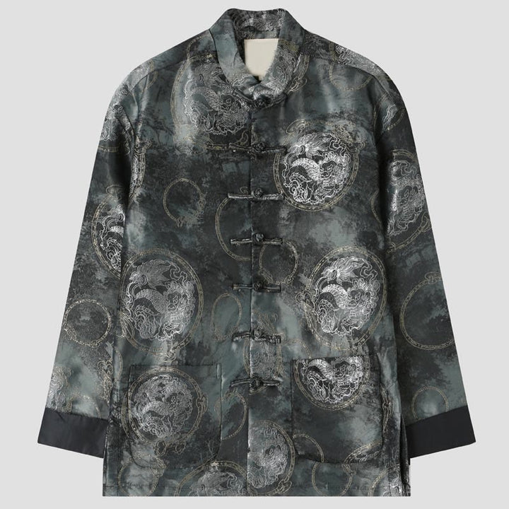Buddha Stones Kirin Mountains Frog-Button Langarm Herrenjacke mit Taschen - Grau - US/ UK/AU44，EU54 (4XL) - image 0