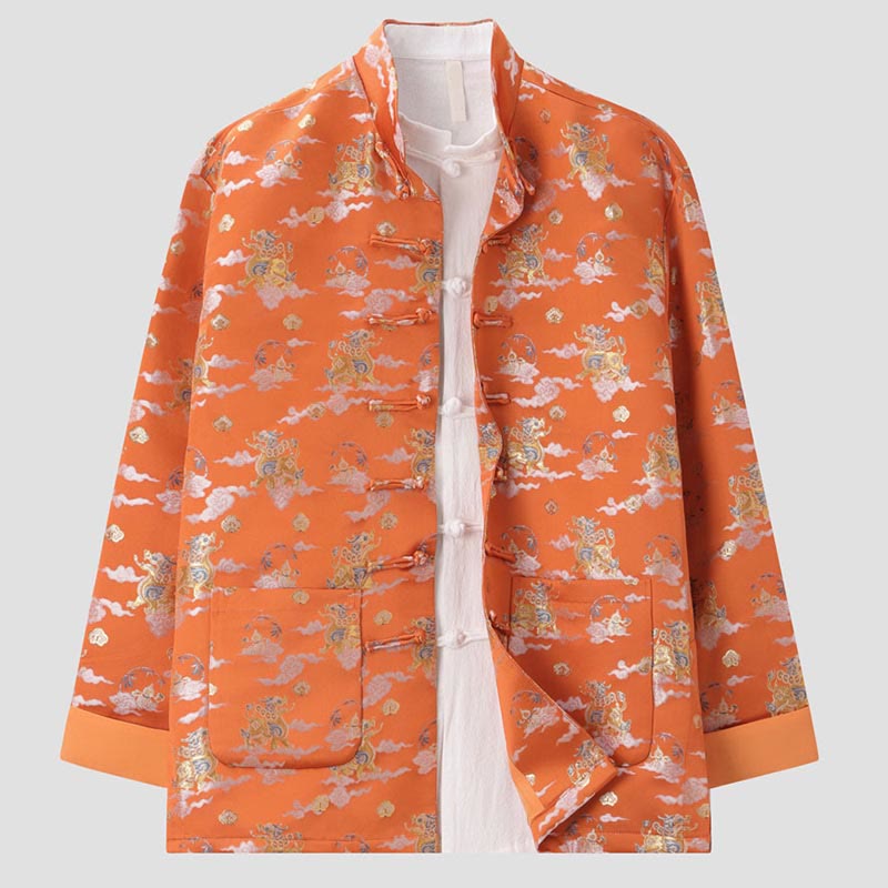 Buddha Stones Orange Kirin Auspicious Clouds Frog-Button Langarm Herrenjacke mit Taschen - image 2