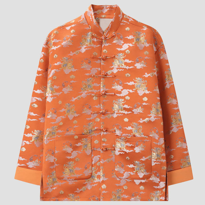 Buddha Stones Orange Kirin Auspicious Clouds Frog-Button Langarm Herrenjacke mit Taschen - Dunkelorange - US/ UK/AU44, EU54 (4XL) - image 0