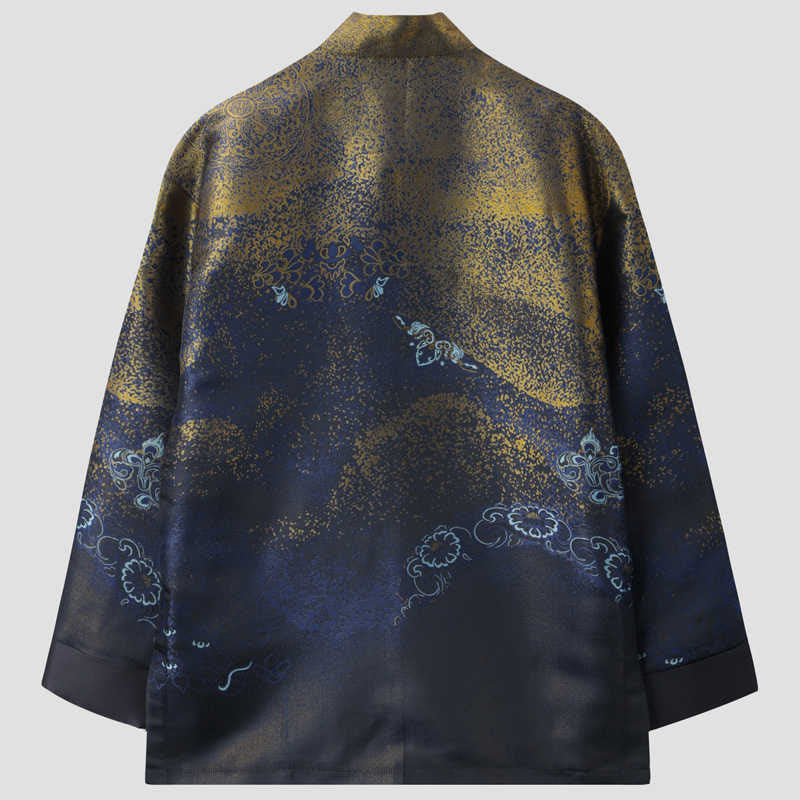 Buddha Stones Golden Desert Blue Flowers Froschknopf Langarm Herrenjacke mit Taschen - image 1