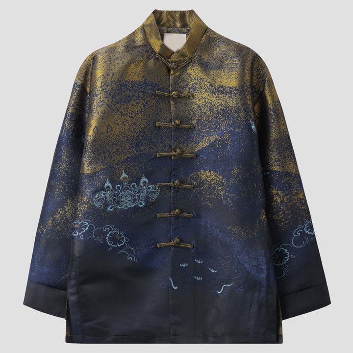 Buddha Stones Golden Desert Blue Flowers Froschknopf Langarm Herrenjacke mit Taschen - SteelBlue - US/ UK/AU44, EU54 (4XL) - image 0