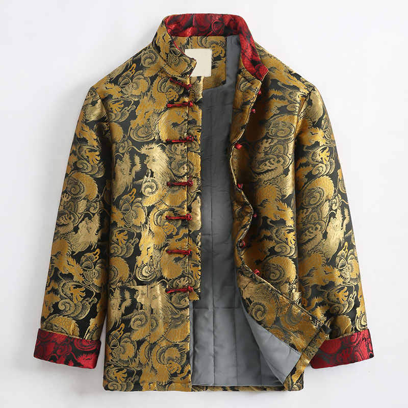 Buddha Stones Winter Dragon Jacquard Warme Froschknopf Langarm Herrenjacke mit Taschen - Goldrute - US/ UK/AU44，EU54 (4XL) - image 0