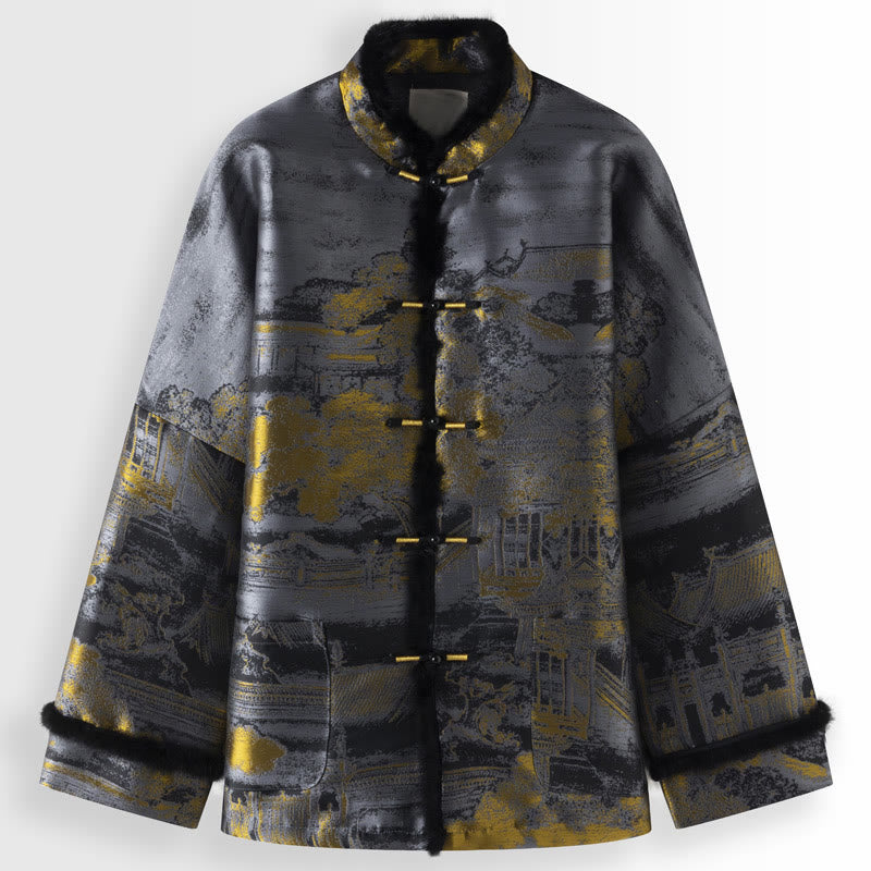 Buddha Stones ​​Antike Gebäude Bäume Frosch-Knopf Langarm Herrenjacke mit Taschen - Grau - US/ UK/AU44, EU54 (4XL) - image 0