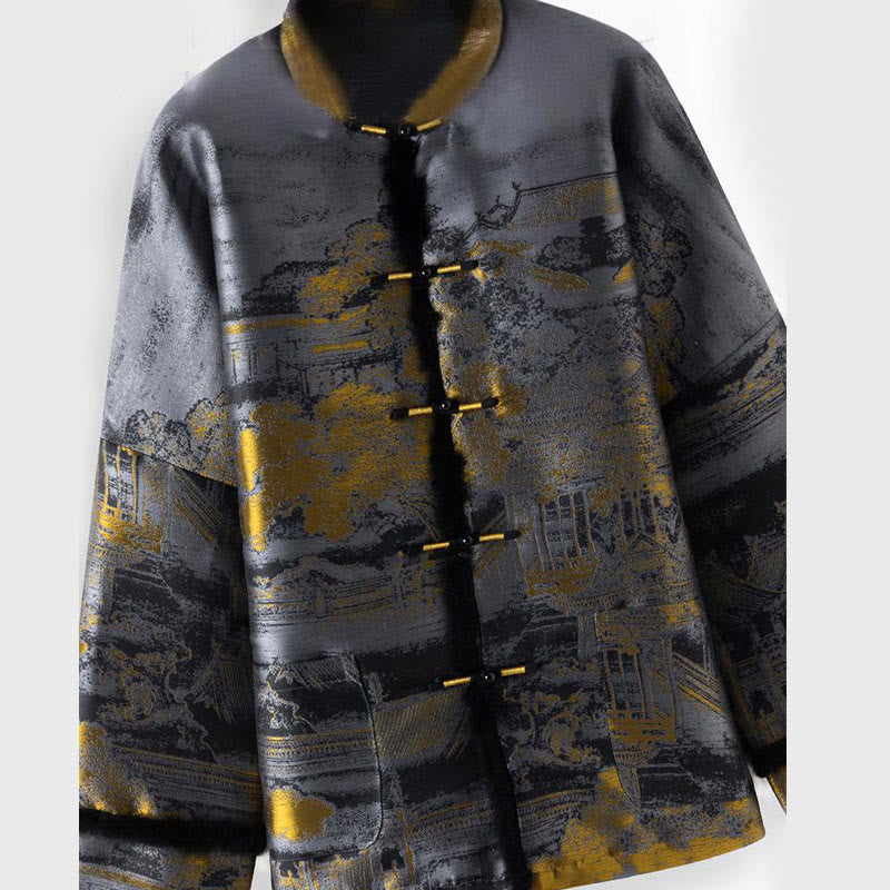 Buddha Stones ​​Antike Gebäude Bäume Frosch-Knopf Langarm Herrenjacke mit Taschen - image 2