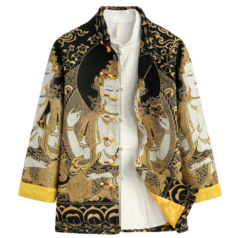 Buddha Stones Avalokitesvara Guanyin Frosch-Knopf Langarm Herrenjacke - Leinen - US/ UK/AU44, EU54 (4XL) - image 0