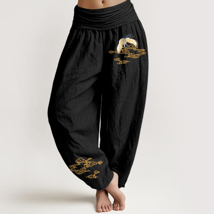 Buddha Stones Plain Crane Auspicious Clouds Pattern Damen Haremshose aus Baumwolle mit elastischer Taille - Schwarz - US22， UK/AU26，EU54 (6XL) - image 5