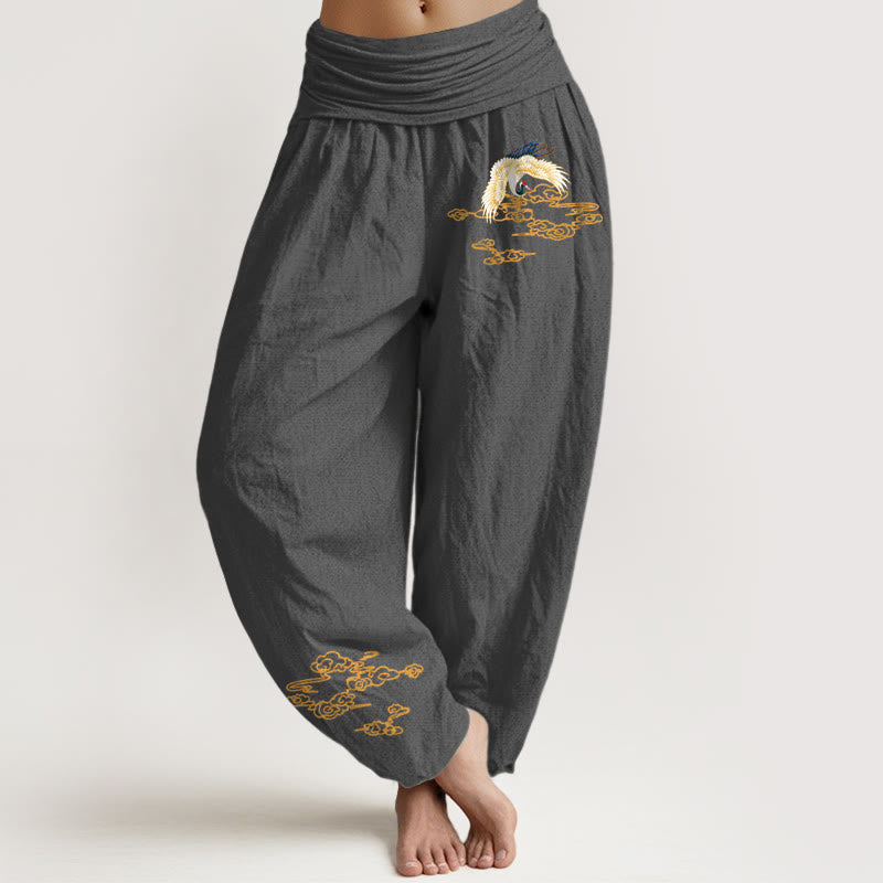 Buddha Stones Plain Crane Auspicious Clouds Pattern Damen Haremshose aus Baumwolle mit elastischer Taille - Dunkelgrau - US22， UK/AU26，EU54 (6XL) - image 0