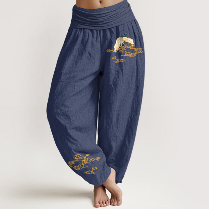 Buddha Stones Plain Crane Auspicious Clouds Pattern Damen Haremshose aus Baumwolle mit elastischer Taille - DunkelSchieferblau - US22， UK/AU26，EU54 (6XL) - image 8