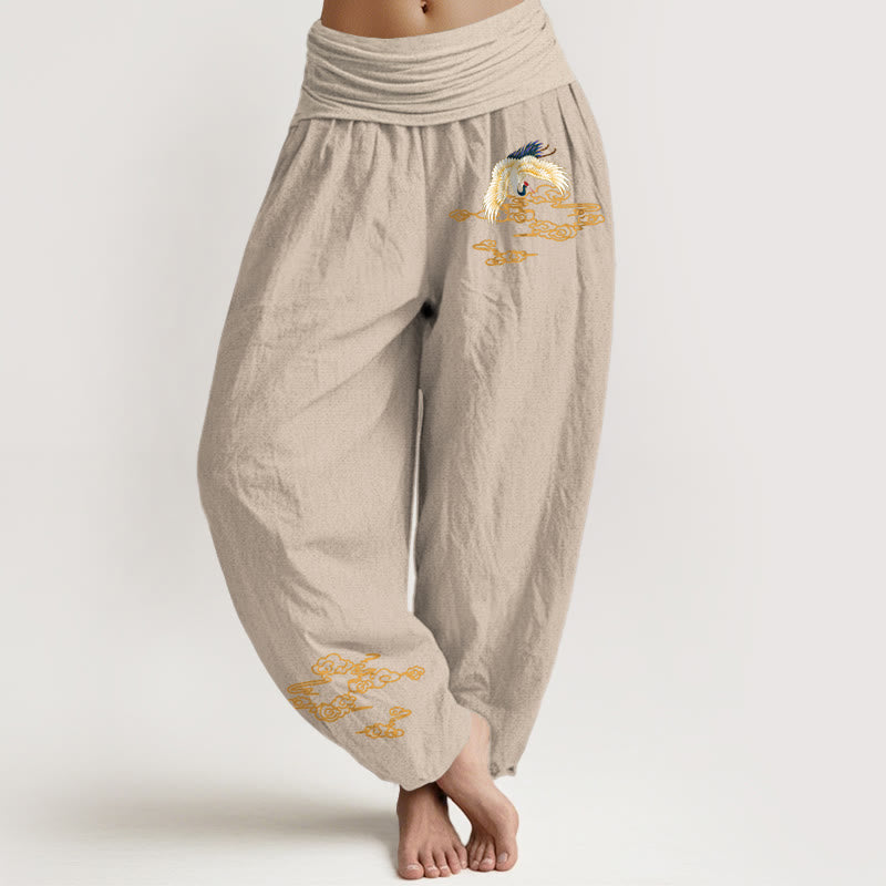 Buddha Stones Plain Crane Auspicious Clouds Pattern Damen Haremshose aus Baumwolle mit elastischer Taille - Bräunen - US22， UK/AU26，EU54 (6XL) - image 11