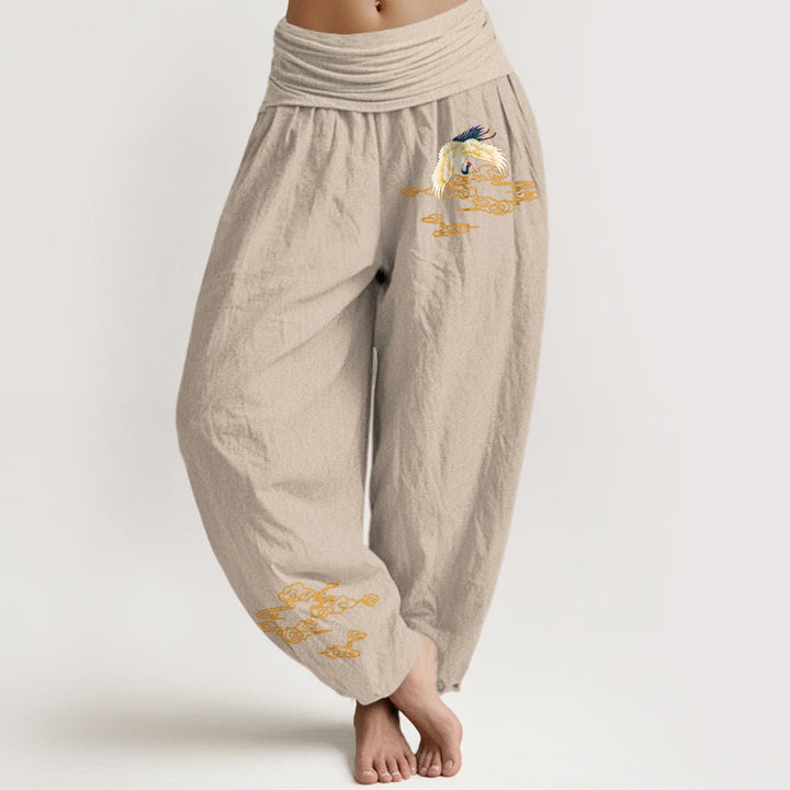 Buddha Stones Plain Crane Auspicious Clouds Pattern Damen Haremshose aus Baumwolle mit elastischer Taille - Bräunen - US22， UK/AU26，EU54 (6XL) - image 11