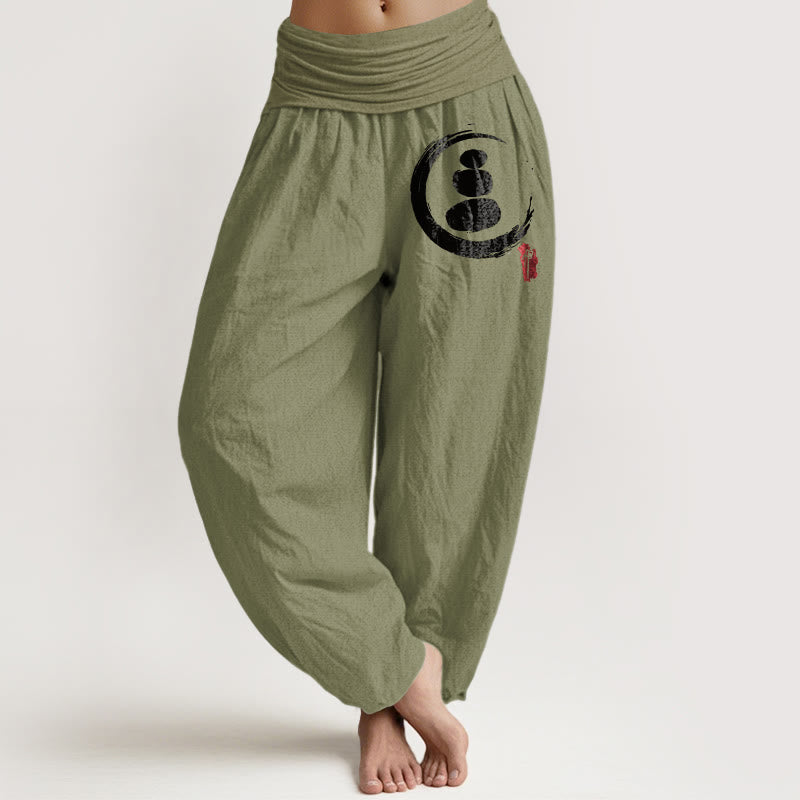 Buddha Stones, Ensō-Kreis, gestapelte Steine, Muster, Damen, elastische Taille, Haremshose aus Baumwolle - Olivgrün - US22, UK/AU26, EU54 (6XL) - image 0