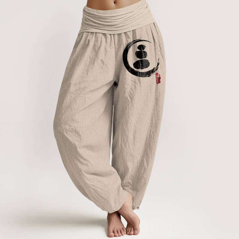 Buddha Stones, Ensō-Kreis, gestapelte Steine, Muster, Damen, elastische Taille, Haremshose aus Baumwolle - Bräunen - US22, UK/AU26, EU54 (6XL) - image 14
