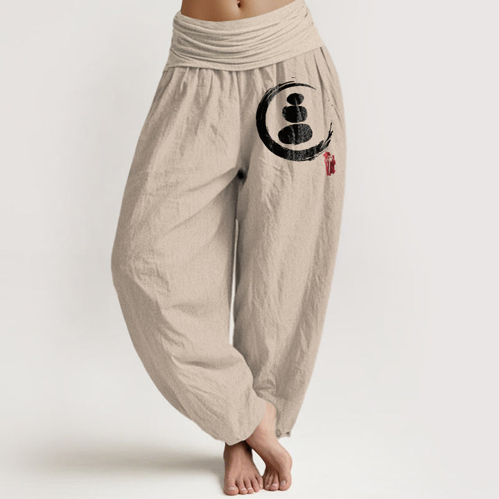 Buddha Stones, Ensō-Kreis, gestapelte Steine, Muster, Damen, elastische Taille, Haremshose aus Baumwolle - Bräunen - US22, UK/AU26, EU54 (6XL) - image 14