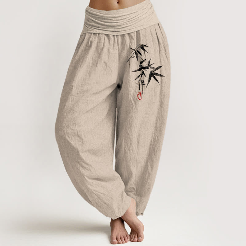 Buddha Stones Damen-Haremshose aus reiner Baumwolle mit Bambus-Zen-Muster und elastischer Taille - Bräunen - US22， UK/AU26，EU54 (6XL) - image 0