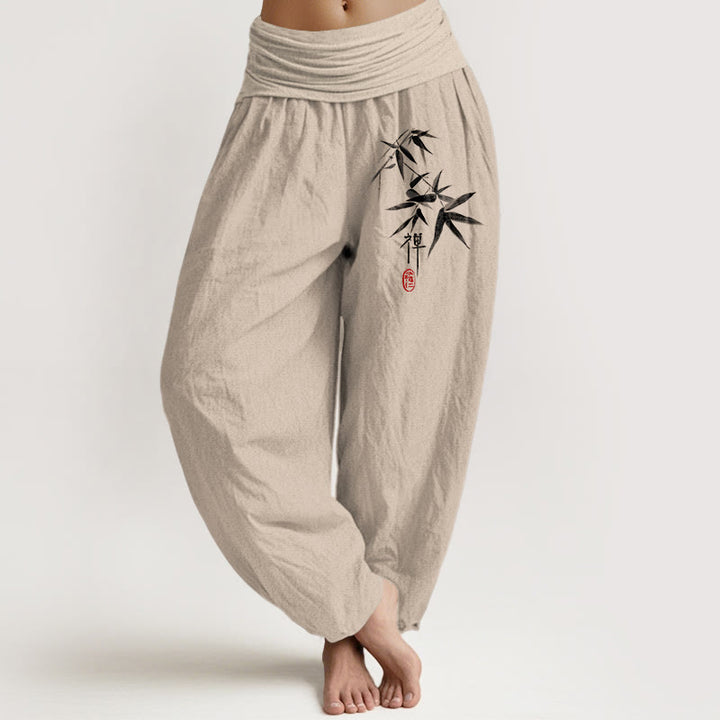 Buddha Stones Damen-Haremshose aus reiner Baumwolle mit Bambus-Zen-Muster und elastischer Taille - Bräunen - US22, UK/AU26, EU54 (6XL) - image 0