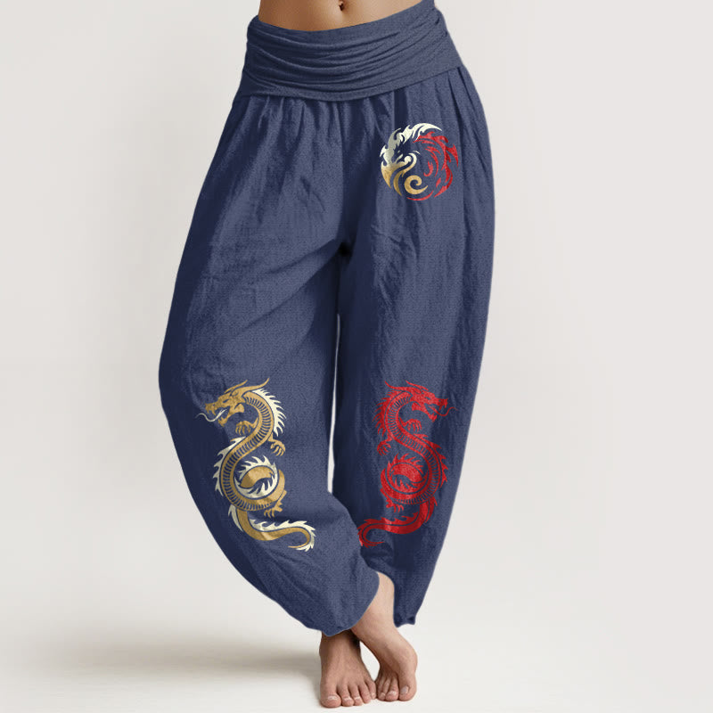 Buddha Stones Damen-Haremshose mit elastischer Taille und Drachenmuster aus reiner Baumwolle - DunkelSchieferblau - US22， UK/AU26，EU54 (6XL) - image 5
