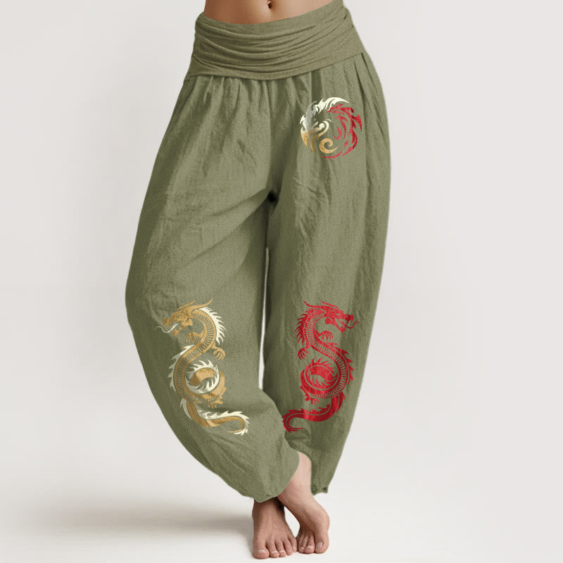 Buddha Stones Damen-Haremshose mit elastischer Taille und Drachenmuster aus reiner Baumwolle - Olivgrün - US22， UK/AU26，EU54 (6XL) - image 14