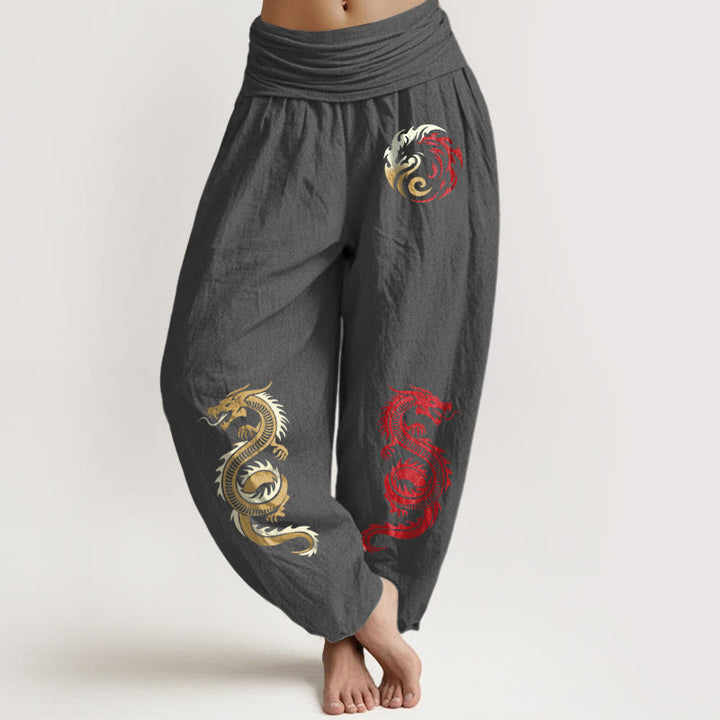 Buddha Stones Damen-Haremshose mit elastischer Taille und Drachenmuster aus reiner Baumwolle - DimGray - US22, UK/AU26, EU54 (6XL) - image 8