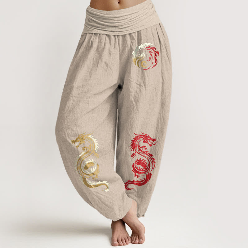 Buddha Stones Damen-Haremshose mit elastischer Taille und Drachenmuster aus reiner Baumwolle - Bräunen - US22, UK/AU26, EU54 (6XL) - image 11