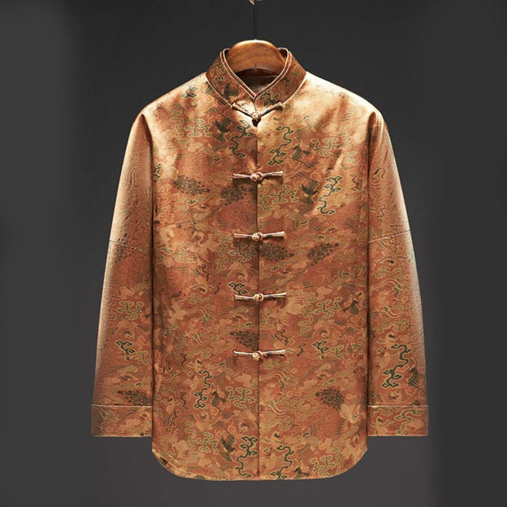 Buddha Stones 100 % Maulbeerseide 30 Momme Phoenix Auspicious Clouds Langarm-Herrenjacke - Goldrute - US/ UK/AU44，EU54 (4XL) - image 0