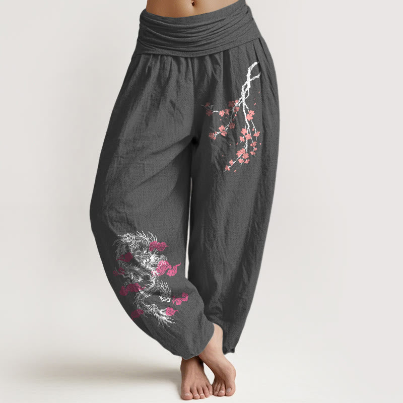 Buddha Stones, Drache, glückverheißende Wolken, Blumenmuster, Damen-Haremshose aus Baumwolle mit elastischer Taille - DimGray - US22, UK/AU26, EU54 (6XL) - image 8