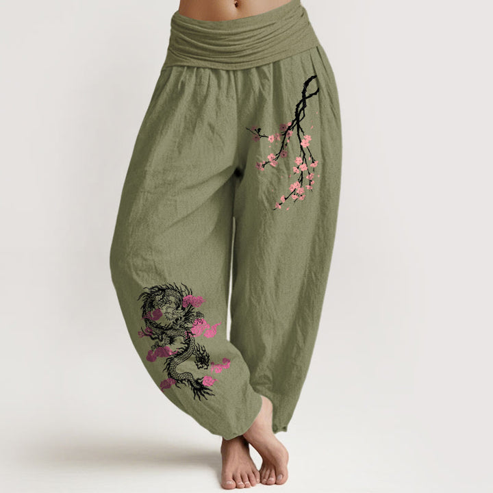 Buddha Stones, Drache, glückverheißende Wolken, Blumenmuster, Damen-Haremshose aus Baumwolle mit elastischer Taille - Olivgrün - US22, UK/AU26, EU54 (6XL) - image 14