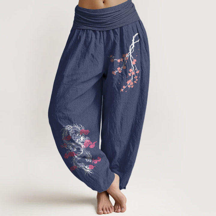 Buddha Stones, Drache, glückverheißende Wolken, Blumenmuster, Damen-Haremshose aus Baumwolle mit elastischer Taille - Dunkelschieferblau - US22, UK/AU26, EU54 (6XL) - image 5