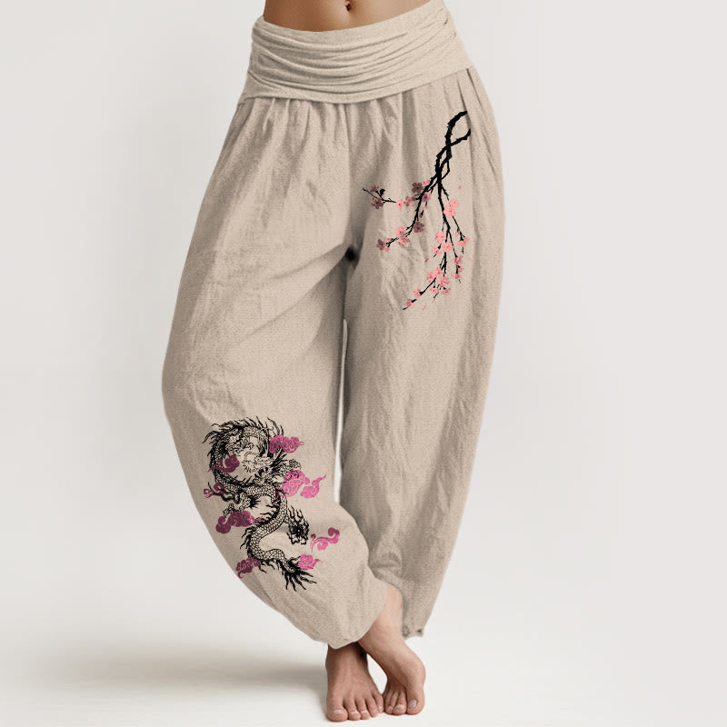 Buddha Stones, Drache, glückverheißende Wolken, Blumenmuster, Damen-Haremshose aus Baumwolle mit elastischer Taille - Bräunen - US22, UK/AU26, EU54 (6XL) - image 11