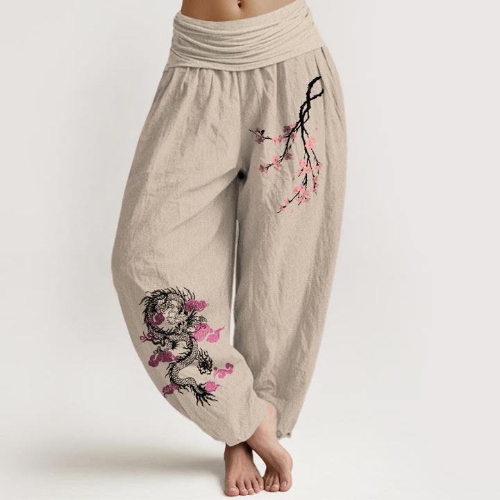 Buddha Stones, Drache, glückverheißende Wolken, Blumenmuster, Damen-Haremshose aus Baumwolle mit elastischer Taille - Bräunen - US22, UK/AU26, EU54 (6XL) - image 11