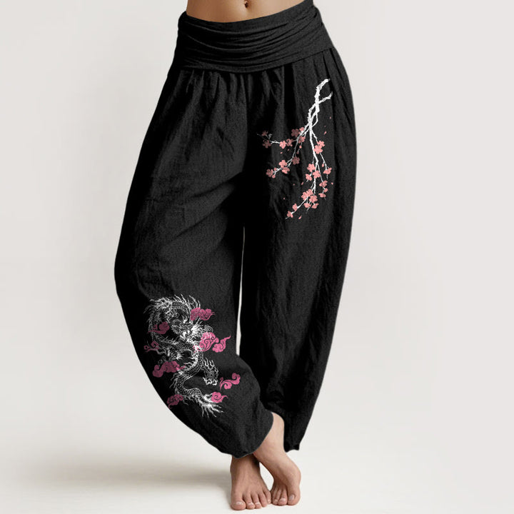 Buddha Stones, Drache, glückverheißende Wolken, Blumenmuster, Damen-Haremshose aus Baumwolle mit elastischer Taille - Schwarz - US22, UK/AU26, EU54 (6XL) - image 0