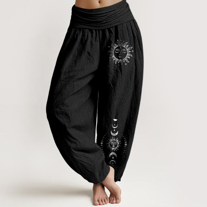 Buddha Stones Sun Moon Stars Pattern Damen Haremshose aus reiner Baumwolle mit elastischer Taille - Schwarz - US22， UK/AU26，EU54 (6XL) - image 5
