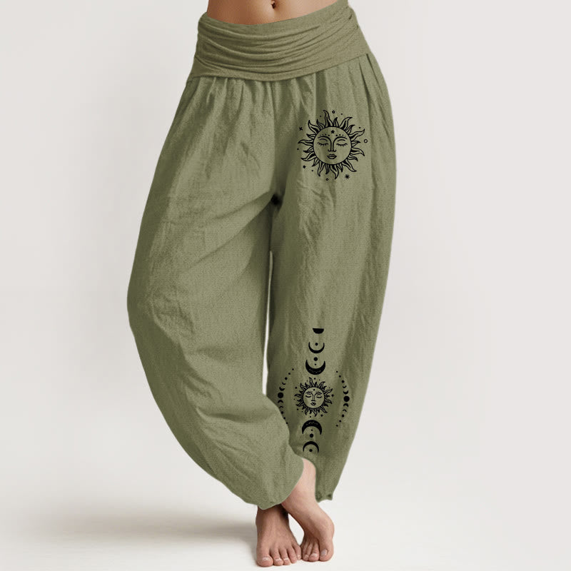 Buddha Stones Sun Moon Stars Pattern Damen Haremshose aus reiner Baumwolle mit elastischer Taille - Olivgrün - US22, UK/AU26, EU54 (6XL) - image 14