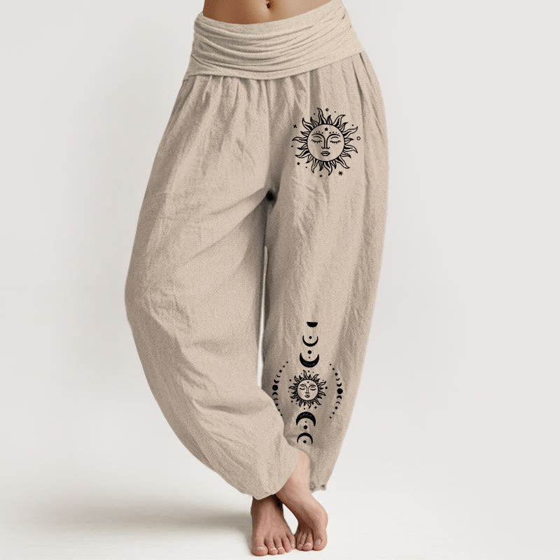 Buddha Stones Sun Moon Stars Pattern Damen Haremshose aus reiner Baumwolle mit elastischer Taille - Bräunen - US22, UK/AU26, EU54 (6XL) - image 11