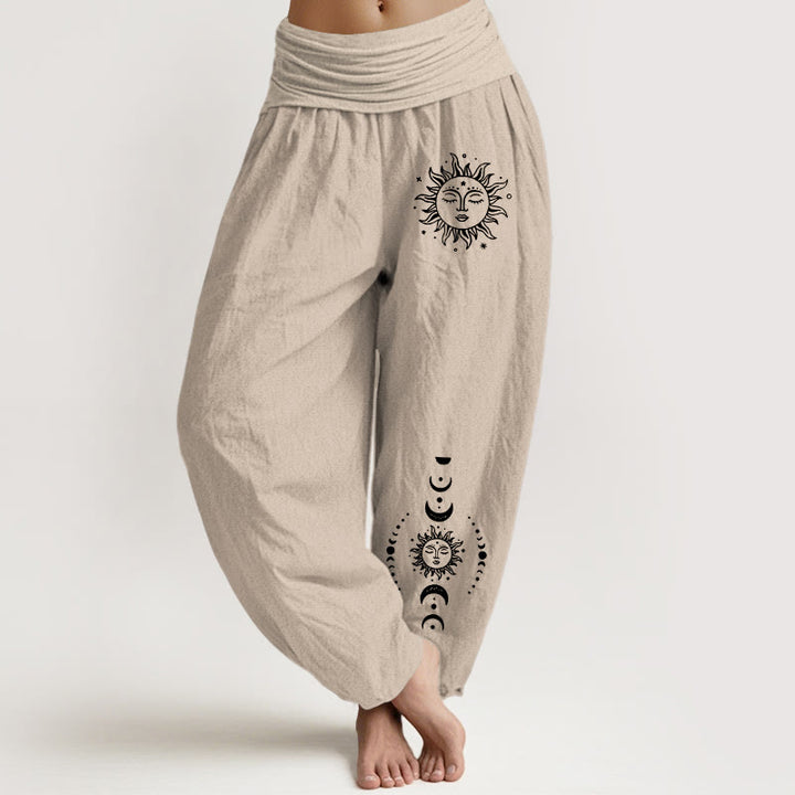 Buddha Stones Sun Moon Stars Pattern Damen Haremshose aus reiner Baumwolle mit elastischer Taille - Bräunen - US22, UK/AU26, EU54 (6XL) - image 11