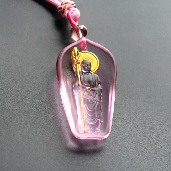 Buddha Stones, tibetischer Buddha, Liuli-Kristall, Ksitigarbha, Bodhisattva, Serenity-Halskettenanhänger - Ksitigarbha mit Zepter und Pink - image 3