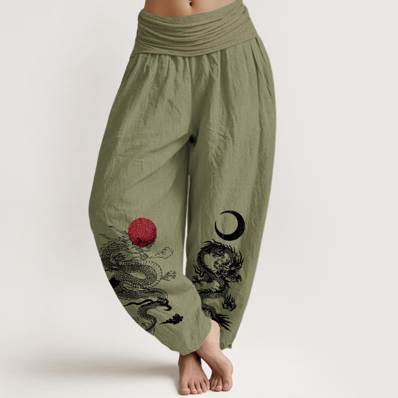 Buddha Stones Damen-Haremshose aus reiner Baumwolle mit Drachen-Sonne-Mond-Muster und elastischer Taille - Olivgrün - US22, UK/AU26, EU54 (6XL) - image 14