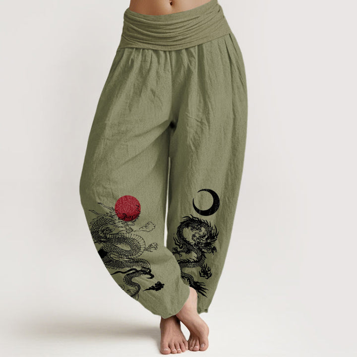 Buddha Stones Damen-Haremshose aus reiner Baumwolle mit Drachen-Sonne-Mond-Muster und elastischer Taille - Olivgrün - US22, UK/AU26, EU54 (6XL) - image 14