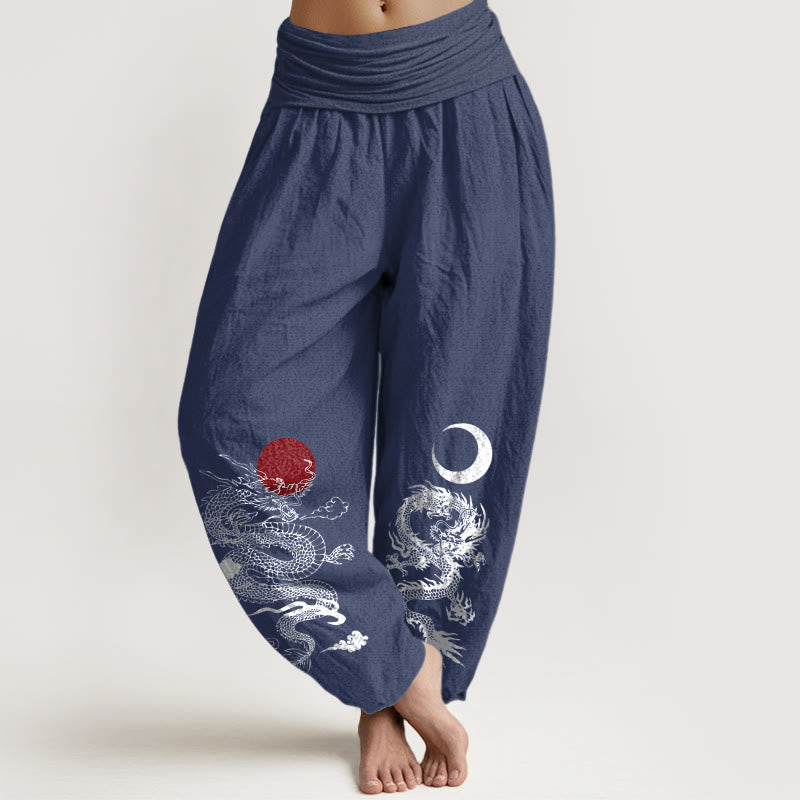 Buddha Stones Damen-Haremshose aus reiner Baumwolle mit Drachen-Sonne-Mond-Muster und elastischer Taille - Dunkelschieferblau - US22, UK/AU26, EU54 (6XL) - image 5