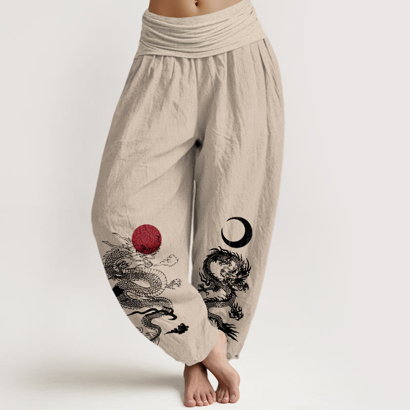 Buddha Stones Damen-Haremshose aus reiner Baumwolle mit Drachen-Sonne-Mond-Muster und elastischer Taille - Bräunen - US22, UK/AU26, EU54 (6XL) - image 11