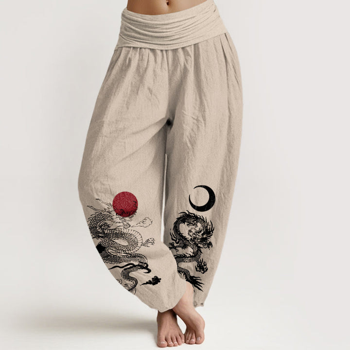 Buddha Stones Damen-Haremshose aus reiner Baumwolle mit Drachen-Sonne-Mond-Muster und elastischer Taille - Bräunen - US22, UK/AU26, EU54 (6XL) - image 11