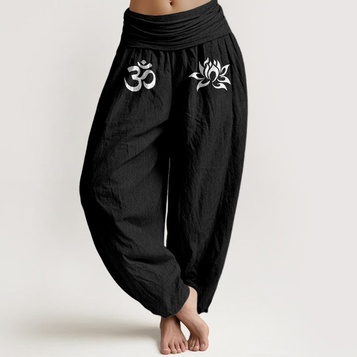 Einfarbige Haremshose aus reiner Baumwolle mit Buddha Stones und Lotus-Om-Symbol-Muster für Damen mit elastischer Taille - Schwarz - US22, UK/AU26, EU54 (6XL) - image 5