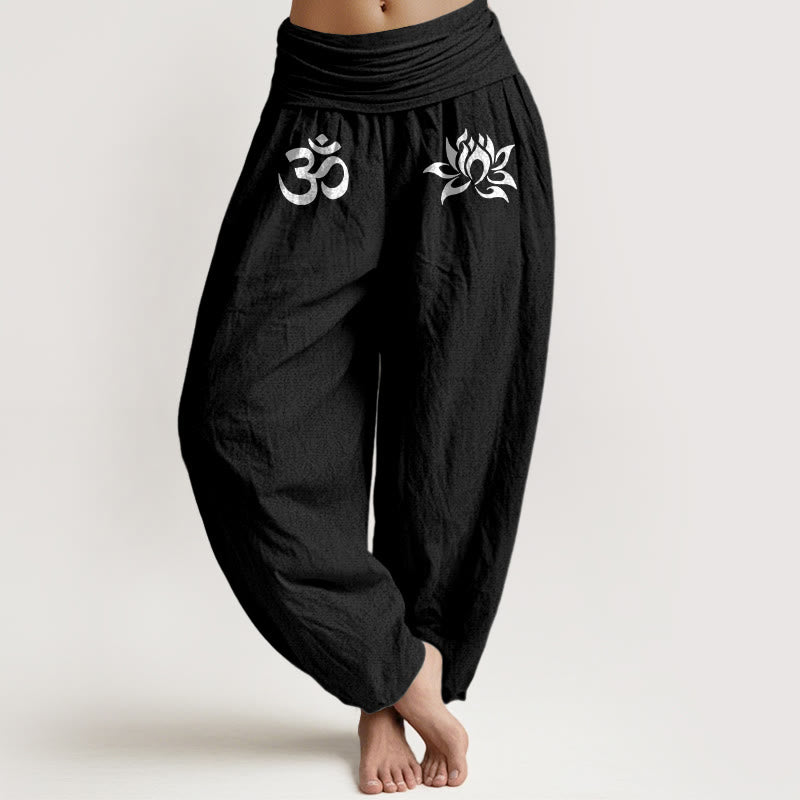 Einfarbige Haremshose aus reiner Baumwolle mit Buddha Stones und Lotus-Om-Symbol-Muster für Damen mit elastischer Taille - Schwarz - US22, UK/AU26, EU54 (6XL) - image 5