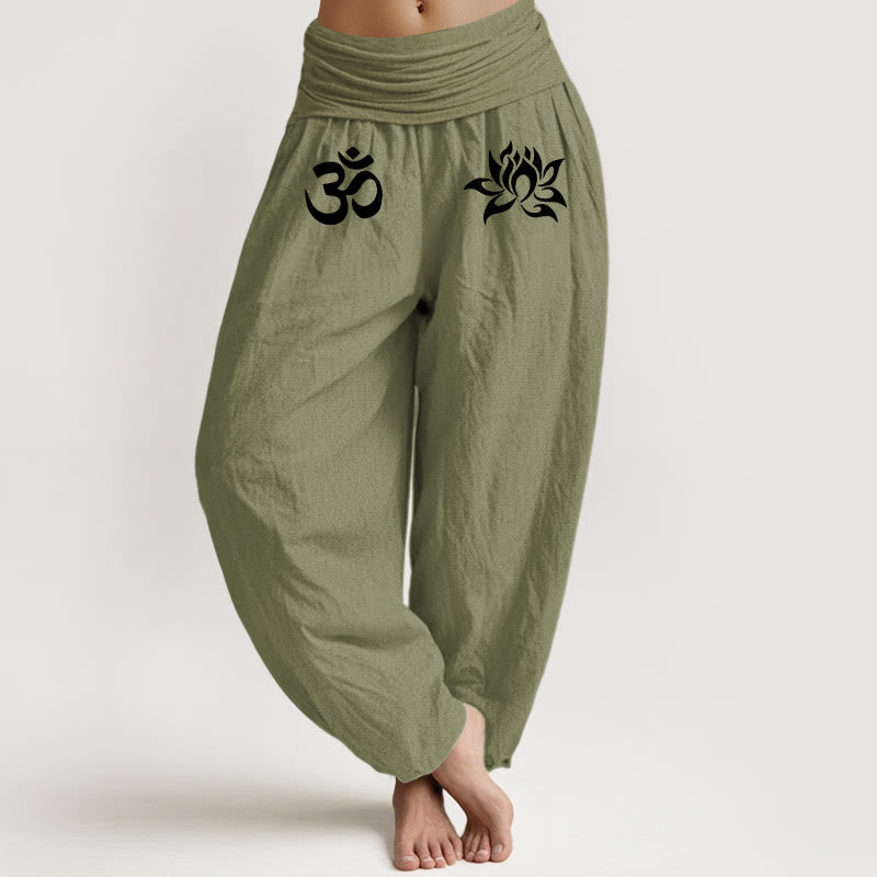 Einfarbige Haremshose aus reiner Baumwolle mit Buddha Stones und Lotus-Om-Symbol-Muster für Damen mit elastischer Taille - Olivgrün - US22, UK/AU26, EU54 (6XL) - image 14